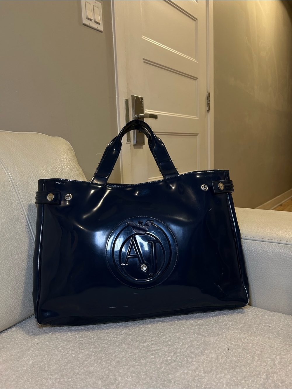 Armani Jeans Navy Patent Tote with Embossed AJ Logo